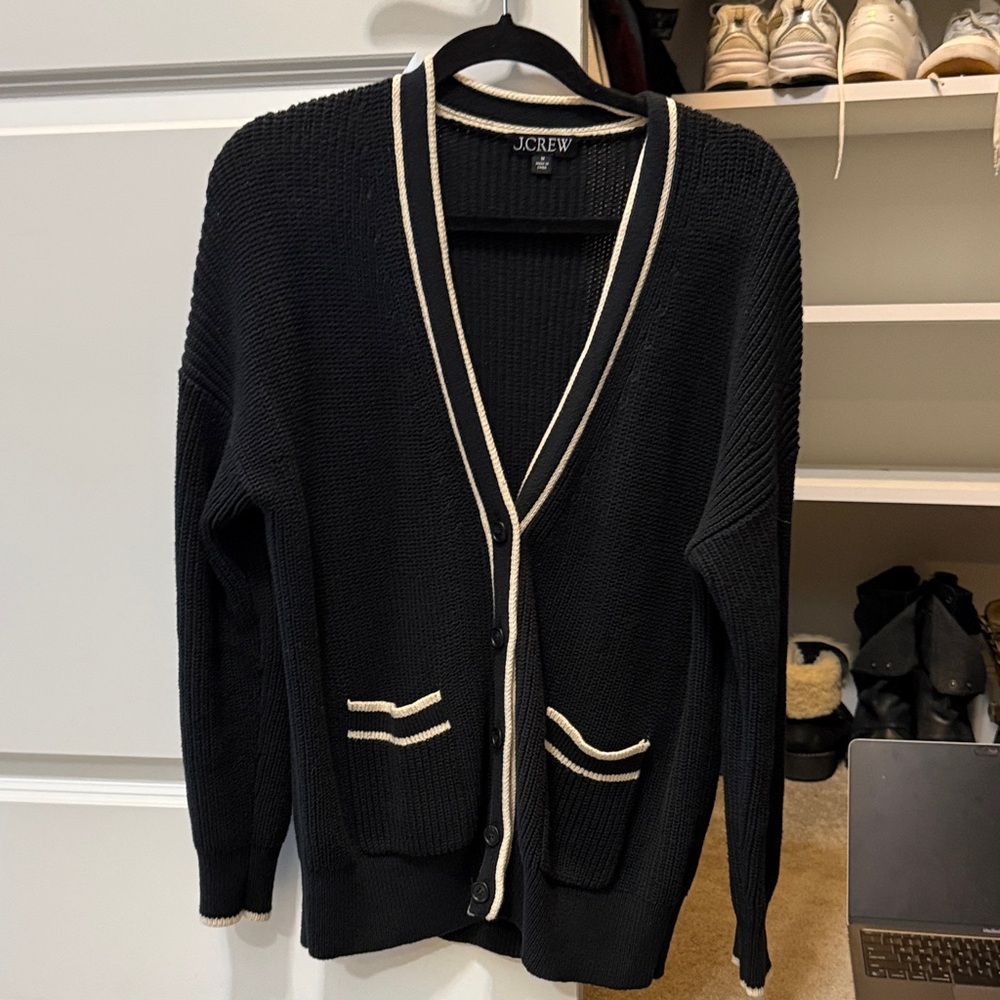 J. Crew Black Cardigan with Cream Accents